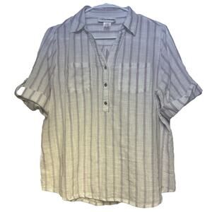 Cathy Daniels Metallic Striped Shirt Collared Button Short Sleeve Blouse Size L
